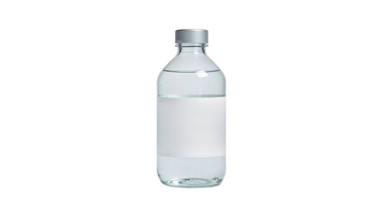 Clear glass bottle with blank label and silver cap filled with water isolated on the transparent background for branding and packaging mockup