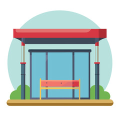 bus stop with a red roof, glass panels, supporting columns, and an orange bench inside , no background vector file.