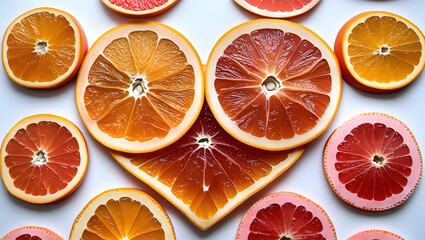 Healthy Food Heart shape made from alternating slices of orange and grapefruit arranged in a spiral pattern on white background for citrus love theme (4)