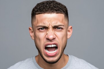 Angry man shouting aggressively close-up, Young adult male screaming in anger, Strong emotion expression for conflict or stress concept