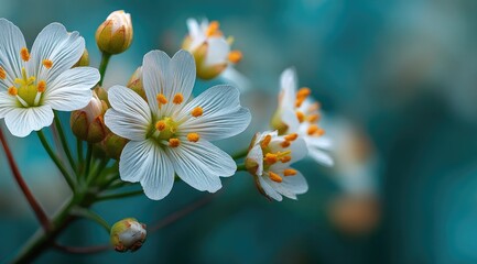 Close-up of delicate white flowers with yellow centers against a blurred teal background
