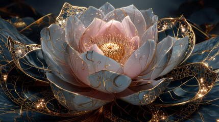 Gold wallpaper luxury design with lotus flower and leaf. Nelumbo lotos golden line arts. Floral design for poster, cover, fabric prints. Vector illustration.