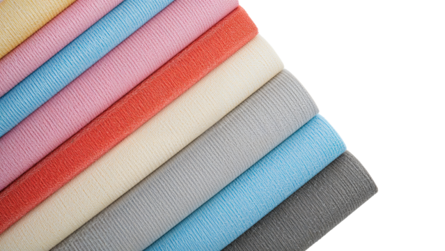 Colorful textile rolls arranged in diagonal pattern, soft fabric texture in pastel and neutral tones for fashion, sewing, and interior design projects