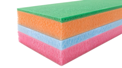 Colorful kitchen sponges stack isolated on the transparent background for cleaning and household chores organization