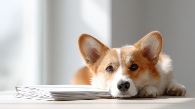 Pets insurance claim concept. A relaxed corgi resting its head on a stack of papers in a bright room. - Powered by Adobe