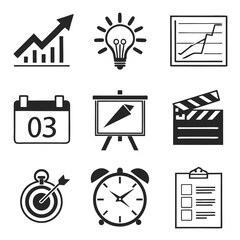Icon Set Vector of Business and Time Management Symbols in Simple Black Silhouette Style