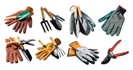 Garden Tools and Gloves for Outdoor Horticulture and Plant Care, isolated on transparent background