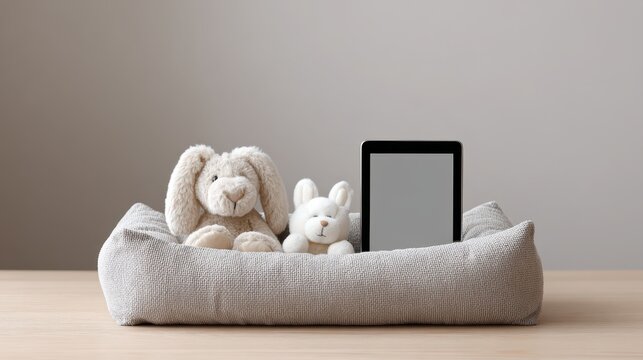 Pets insurance claim concept. Cozy arrangement of stuffed animals and a tablet on a wooden surface.