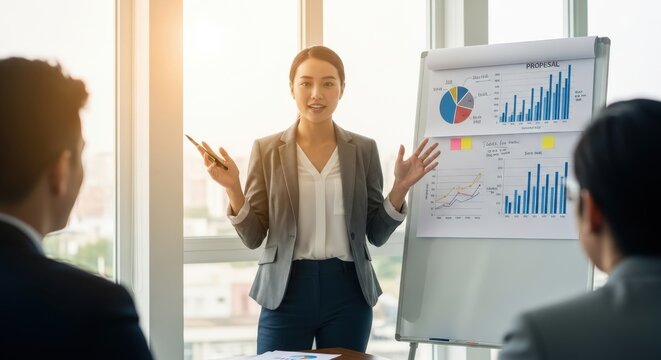 Businesswoman Presenting Charts and Graphs During Meeting.