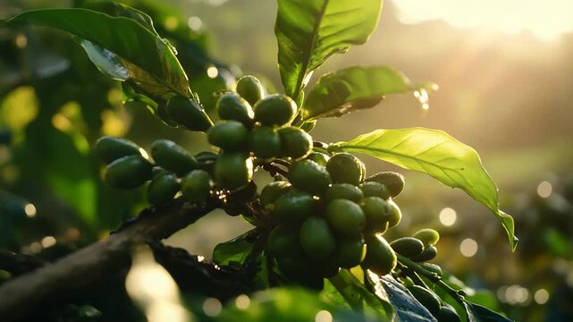 Green coffee beans growing on branch in plantation at sunset
