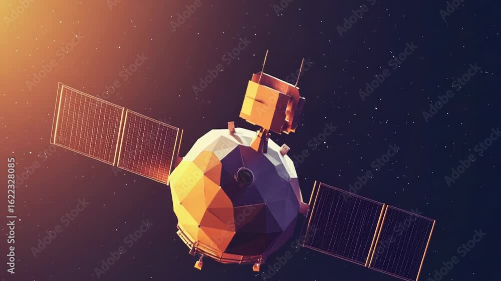 Poster polygonal space probe orbiting planet with solar panels deploying