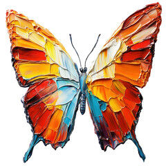 Colorful butterfly with vibrant wings made from thick acrylic paint layers, showcasing blend of orange, red, yellow, and blue hues, creating striking artistic effect., isolated