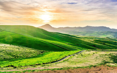 spring green hills with young grass under warm evening sunset light. Landscape of rustic grassland...