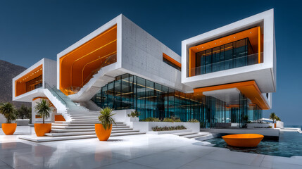 Architecture background abstract geometric shapes. White and orange walls against a blue sky. Modern concrete structure building detail. Architectural construction. Minimal design style. angular lines