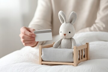 Pets insurance claim concept. Soft toy rabbit in a cozy bed with a hand holding a card, evoking comfort and care.