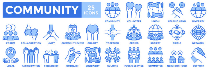 Community icon collection set. Containing together, diversity, solidarity, volunteer, society, friendship, unity icon. Simple blue vector illustration