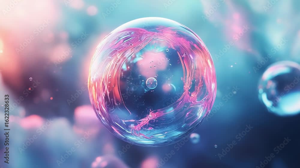 Poster transparent soap bubble floating in neon light with smaller bubbles