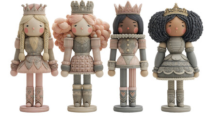 Diverse nutcracker queens Christmas collection,  ornate crowns, ethnicities, detailed royal military uniforms, blonde redhead black asian characters in gray and pink transparent background.