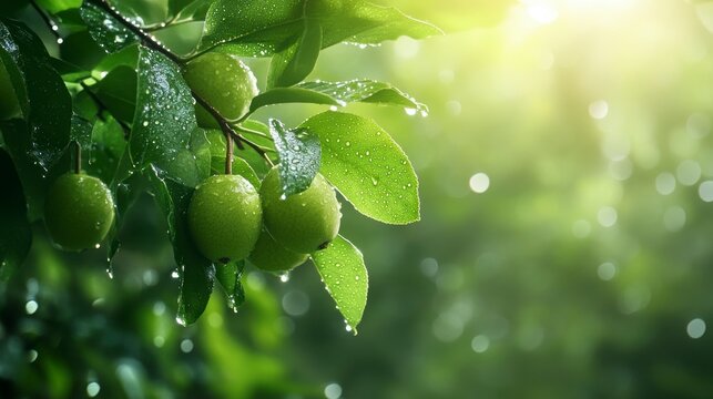 Rain-covered green fruits on a tree branch with sunlight shining through leaves.