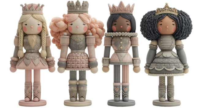 Diverse nutcracker queens Christmas collection,  ornate crowns, ethnicities, detailed royal military uniforms, blonde redhead black asian characters in gray and pink transparent background. - Powered by Adobe