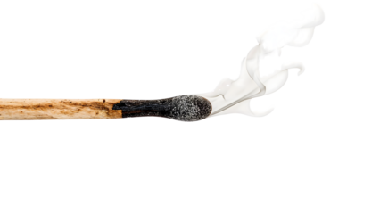 Burnt matchstick with rising smoke isolated on the transparent background, concept of extinguished flame and aftermath