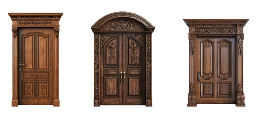 A collection of elegant wooden doors with intricate carvings in a classic style isolated on a transparent background. PNG