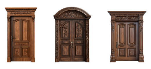 A collection of elegant wooden doors with intricate carvings in a classic style isolated on a transparent background. PNG