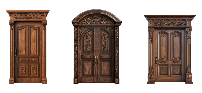 A collection of elegant wooden doors with intricate carvings in a classic style isolated on a transparent background. PNG