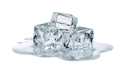 Three transparent ice cubes melting on the transparent background with pool of water, concept of cooling, refreshment, summer and temperature change