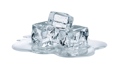 Three transparent ice cubes melting on the transparent background with pool of water, concept of cooling, refreshment, summer and temperature change