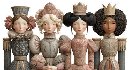Diverse nutcracker queens Christmas collection,  ornate crowns, ethnicities, detailed royal military uniforms, blonde redhead black asian characters in gray and pink transparent background.