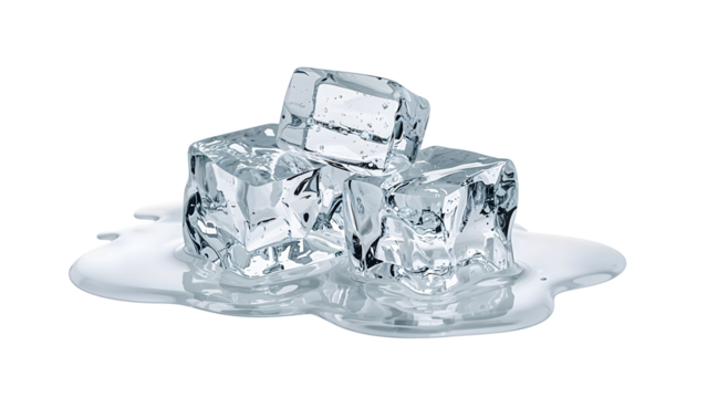 Three transparent ice cubes melting on the transparent background with pool of water, concept of cooling, refreshment, summer and temperature change