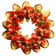 Circular arrangement of bruschetta topped with diced tomatoes and fresh basil creates vibrant and appetizing display. toasted bread slices form flower like pattern, enhancing visual, isolated