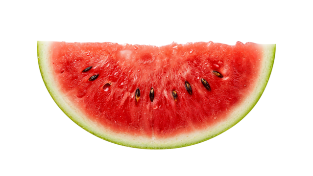 Fresh juicy watermelon slice with seeds isolated on the transparent background, summer refreshment, healthy sweet fruit concept