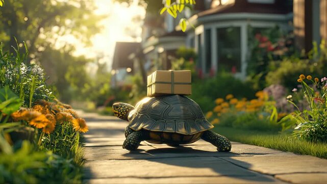Turtle carrying a gift box on its shell walks slowly along a garden path surrounded by flowers. Concept of slow delivery and nature harmony.