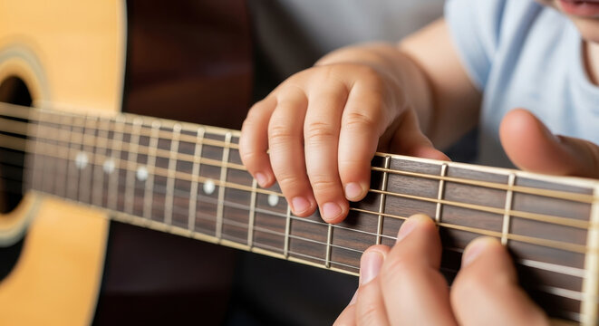 Close-up of a Father Teaching His Child How to Play the Guitar