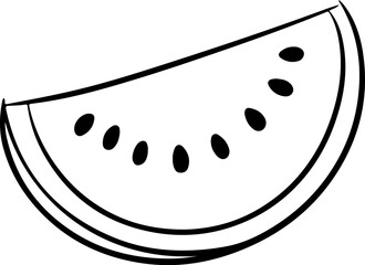 Simple black and white line drawing of a slice of watermelon with seeds