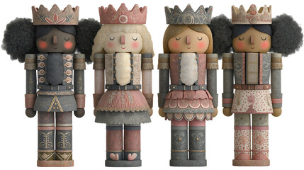 Diverse Christmas nutcracker queens collection,  ornate crowns, detailed royal military uniforms, blonde redhead black asian characters in gray and pink transparent background.