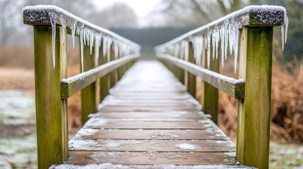 Obraz premium Frozen wooden bridge in winter landscape