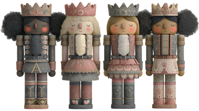 Diverse Christmas nutcracker queens collection,  ornate crowns, detailed royal military uniforms, blonde redhead black asian characters in gray and pink transparent background.