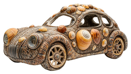 Unique car design made from sea shells, featuring intricate patterns and textures, creating artistic and natural appearance. vehicle showcases creativity and craftsmanship., isolated
