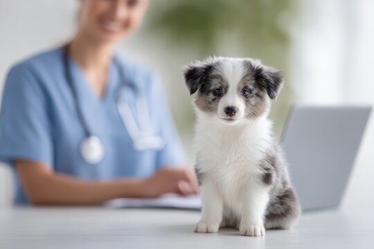 Pets insurance claim concept. A cute puppy sits in a veterinary clinic with a blurred vet in the background.
