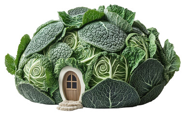 Whimsical cabbage dome home with spiral leaf patterns and wooden door creates fantasy like atmosphere. intricate textures and vibrant greens evoke sense of wonder and creativity., isolated