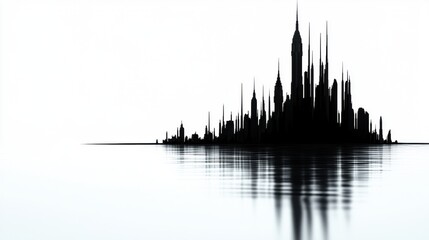 Fototapeta premium A city skyline reflected in calm water.