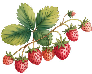 Fresh Strawberries on the Vine with Leaves on transarent background 