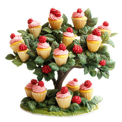 Whimsical tree with cupcakes growing among vibrant green leaves, adorned with red berries, creates playful and imaginative scene., isolated