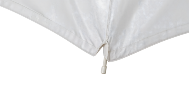 Closeup of white fabric sunshade canopy corner with stitching and metal tip on the transparent background for outdoor design concepts