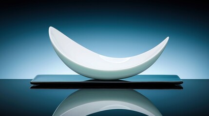 A white bowl with a black base sits on a reflective surface.