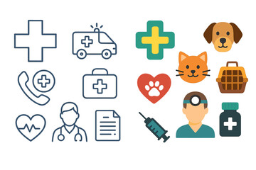 Veterinary and medical icons: crosses, animals, ambulance, syringe, doctor, phone, medicine, heartbeat