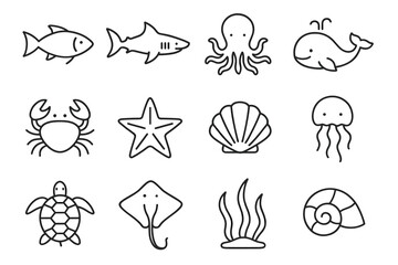 Fototapeta premium Marine life icons set featuring fish, octopus, whale, and sea turtle illustrations